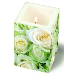 Dekorkerze White Roses, eckig 8x8x12cm, in Folie verpackt, 1 St&uuml;ck