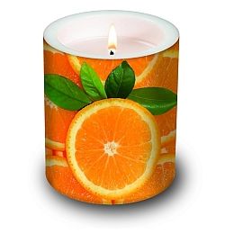 Dekorkerze Fresh Orange, rund 10,5x12cm, in Folie verpackt, 1 Stück
