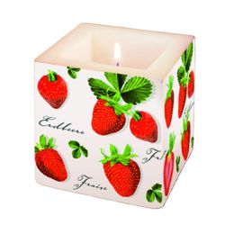 Dekorkerze Strawberries all Over, eckig 8x8x8cm, in Folie verpackt, 1 Stück